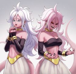 Rule 34 | 2girls, android 21, black gloves, black nails, black sclera, blue eyes, bracelet, breasts, cleavage, collarbone, colored sclera, colored skin, dragon ball, dragon ball fighterz, dual persona, ear piercing, earrings, elbow gloves, evil smile, facing viewer, fingernails, frown, furrowed brow, gloves, grey background, own hands clasped, hands up, highres, hoop earrings, jewelry, light particles, long hair, looking afar, majin android 21, medium breasts, midriff, multiple girls, nail polish, navel, open mouth, own hands together, pants, piercing, pink skin, red eyes, shaded face, side-by-side, simple background, smile, spiked hair, standing, strapless, tail, teeth, tube top, upper body, upper teeth only, white hair, white pants, yuko666