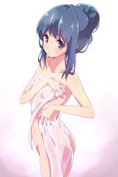Rule 34 | 1girl, :o, ass, blue hair, blush, collarbone, covering privates, covering breasts, gradient background, hair bun, highres, long hair, looking at viewer, mel (melty pot), naked towel, nude, pink background, purple eyes, shima rin, short hair, single hair bun, solo, standing, towel, wet, wet hair, yurucamp