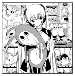 Rule 34 | 1girl, eden&#039;s zero, facial mark, greyscale, hair between eyes, hair ornament, head tilt, hermit mio, holding, holding stuffed toy, indoors, long hair, long twintails, mashima hiro, monochrome, official art, solo, standing, stuffed animal, stuffed toy, suitcase, teddy bear, toy, twintails, unicorn, very long hair