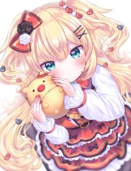 Rule 34 | 1girl, akai haato, akai haato (gothic lolita), blonde hair, blue eyes, blush, bow, commentary, dress, frilled dress, frills, haaton (akai haato), hair bow, hair ornament, hairclip, heart, heart hair ornament, highres, holding, hololive, looking at viewer, nail polish, red dress, red nails, simple background, solo, virtual youtuber, white background, ykpoke