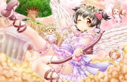 Rule 34 | 0 0, 4girls, :d, ;), akagi miria, arrow (projectile), black hair, blush, bow (weapon), brown eyes, brown hair, chibi, closed mouth, cloud, cloudy sky, drawing bow, dress, feathered wings, flower, forehead, hair flower, hair ornament, halo, heart, holding, holding arrow, holding bow (weapon), holding weapon, ichihara nina, idolmaster, idolmaster cinderella girls, layered dress, long sleeves, mini person, minigirl, multiple girls, one eye closed, open mouth, outdoors, parted bangs, pillar, pink flower, pink rose, pleated dress, purple dress, quiver, regular mow, rose, ryuzaki kaoru, short eyebrows, sky, sleeveless, sleeveless dress, smile, teeth, thick eyebrows, tree, twintails, upper teeth only, weapon, white dress, white wings, wings, yokoyama chika