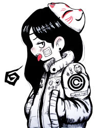 Rule 34 | 1girl, bandaid, bandaid on face, blush, commentary, crisalys, ear blush, earrings, english commentary, fox mask, from side, greyscale, hands in pockets, highres, jacket, jewelry, long hair, long sleeves, looking to the side, mask, mask on head, monochrome, nose blush, original, round teeth, solo, spot color, teeth, tongue, tongue out