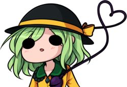 Rule 34 | 1girl, :o, chibi, commentary, curious, green hair, hat, hat ribbon, heart, heart of string, komeiji koishi, looking at viewer, lowres, open mouth, ribbon, short hair, simple background, solid circle eyes, solo, speckticuls, third eye, touhou, transparent background, white background