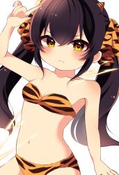 Rule 34 | 1girl, animal print, bikini, black hair, blush, breasts, cleavage, collarbone, commentary, cosplay, dot nose, fangs, hair between eyes, hair ribbon, hand up, highres, horns, idolmaster, idolmaster cinderella girls, index finger raised, long hair, looking at viewer, lum (cosplay), maju risa, matoba risa, navel, oni horns, ribbon, serious, sidelocks, skin fangs, small breasts, solo, stomach, swimsuit, symbol-only commentary, thunder, tiger print, twintails, v-shaped eyebrows, white background, yellow bikini, yellow eyes, yellow ribbon