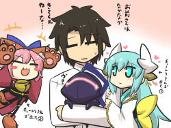 Rule 34 | 1boy, 2girls, :3, animal hands, aqua eyes, aqua hair, arm grab, armor, arms up, bell, berserker (fate/zero), black hair, blush stickers, bow, brown hair, cat paws, chibi, closed eyes, collar, comic, commentary request, fang, fate/grand order, fate (series), fujimaru ritsuka (male), gloves, glowing, goma (gomasamune), gradient background, hair bow, hair ribbon, heart, helmet, highres, horns, japanese clothes, kimono, kiyohime (fate), long hair, long sleeves, multiple girls, neck bell, open mouth, oversized object, paw gloves, pink hair, red kimono, ribbon, shirt, sidelocks, smile, sweat, tamamo (fate), tamamo cat (fate), tamamo cat (first ascension) (fate), tamamo no mae (fate/extra), translation request, white kimono, white shirt, wide sleeves