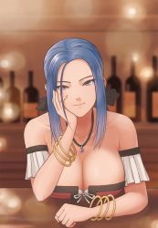 Rule 34 | 1girl, bad id, bad pixiv id, bangle, bar (place), bare shoulders, bartender, black ribbon, blue eyes, blue hair, blurry, blurry background, bottle, bracelet, breasts, cleavage, closed mouth, collarbone, corset, counter, depth of field, detached sleeves, dragon quest, dragon quest ix, hair ribbon, hand on own cheek, hand on own face, head rest, head tilt, highres, indoors, jewelry, large breasts, light particles, long hair, looking at viewer, mil k vanilla, necklace, ribbon, ruida, sidelocks, smile, solo, square enix, tsurime, upper body, white ribbon, wine bottle