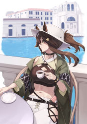 Rule 34 | 1girl, animal ears, arknights, black choker, black shirt, breasts, brown hair, building, chair, choker, cleavage, commentary, crop top, cup, ears through headwear, fedora, grey jacket, hair ornament, hat, highres, hip vent, holding, holding cup, horse ears, jacket, large breasts, long hair, long sleeves, mari0ball, meteor (arknights), meteor (bard&#039;s holiday) (arknights), midriff, navel, official alternate costume, open clothes, open jacket, outdoors, pants, ponytail, profile, shirt, solo, star (symbol), star hair ornament, stomach, table, water, white hat, white pants