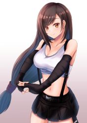 Rule 34 | 1girl, bare shoulders, black gloves, black hair, blush, breasts, cleavage, collarbone, crop top, detached sleeves, final fantasy, final fantasy vii, final fantasy vii remake, fingerless gloves, gloves, gradient background, highres, large breasts, long hair, looking at viewer, low-tied long hair, navel, own hands together, panna444, pleated skirt, red eyes, sidelocks, simple background, skirt, smile, solo, stretched limb, suspender skirt, suspenders, tank top, tifa lockhart, white tank top
