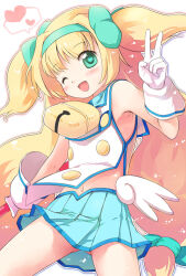 Rule 34 | 1girl, :d, bell, blazblue, blonde hair, blue skirt, blush, bow, buttons, commentary request, emurin, feet out of frame, flat chest, gloves, green bow, green eyes, green hairband, hair bow, hair intakes, hairband, heart, heart-shaped pupils, holding, long hair, looking at viewer, low-tied long hair, multiple hair bows, navel, neck bell, one eye closed, open mouth, platinum the trinity, pleated skirt, quad tails, shirt, skirt, sleeveless, sleeveless shirt, smile, solo, spoken heart, symbol-shaped pupils, v, very long hair, white gloves, white shirt