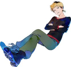 Rule 34 | 1boy, airborne, black footwear, black shirt, blonde hair, blue footwear, boots, brown hair, collarbone, crossed arms, crossed legs, digimon, digimon survive, earrings, green pants, grey eyes, jewelry, looking at viewer, male focus, multicolored hair, official art, open mouth, pants, red shirt, shinonome kaito, shiny clothes, shiny footwear, shirt, short ponytail, solo, squinting, teeth, transparent background, two-tone footwear, two-tone hair, two-tone shirt, ukumo uichi