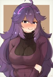 Rule 34 | 1girl, @ @, ahoge, alternate breast size, arm under breasts, blush, breast hold, breasts, brown background, commentary request, creatures (company), dress, eyebrows hidden by hair, game freak, hair between eyes, hairband, half-closed eyes, hex maniac (pokemon), highres, kurage shoukushu, large breasts, long hair, looking at viewer, messy hair, nintendo, pokemon, pokemon xy, purple dress, purple eyes, purple hair, purple hairband, ribbed sweater, solo, sweatdrop, sweater, turtleneck, turtleneck sweater, two-tone background, white background