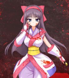 Rule 34 | 1girl, ainu clothes, blood, blood on face, blue eyes, breasts, brown hair, curvy, fingerless gloves, gloves, hair ribbon, hand on own face, highres, large breasts, legs, long hair, looking at viewer, nakoruru, pants, ribbon, samurai spirits, smile, snk, solo, thick thighs, thighs, weapon