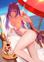 Rule 34 | 1girl, absurdres, breasts, cake, completely nude, cream on body, cup, drink, drinking glass, drinking straw, fate/grand order, fate (series), flower, food, fruit, hair between eyes, hair flower, hair ornament, highres, holding, holding spoon, large breasts, legs, long hair, looking at viewer, lying, nail polish, navel, nipples, nude, on side, open mouth, parasol, petals, purple hair, red eyes, scathach (fate), scathach skadi (fate), spoon, strawberry, thighs, umbrella, water, yaoshan shi