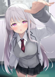 Rule 34 | 1girl, ahoge, arm up, black skirt, blazer, blush, breasts, cardigan, collared shirt, commentary request, grey cardigan, grey hair, grey jacket, highres, jacket, long hair, long sleeves, looking at viewer, medium breasts, necktie, open clothes, open jacket, open mouth, original, plaid, plaid necktie, plaid skirt, pleated skirt, purple eyes, red necktie, sasahara wakaba, shirt, skirt, sleeves past wrists, solo, very long hair, white shirt, window