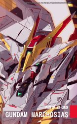 Rule 34 | absurdres, artist name, azzalea, close-up, from side, green eyes, gundam, gundam marchosias, gundam tekketsu no orphans, gundam tekketsu no orphans urdr hunt, highres, looking down, mecha, mobile suit, no humans, robot, science fiction, solo, v-fin, watermark