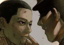 Rule 34 | 2boys, black eyes, black hair, buzz cut, closed mouth, colored sclera, commentary request, crying, dirty, dirty face, expressionless, eye contact, face-to-face, faceless, faceless male, facial hair, goatee, golden kamuy, grey background, half-siblings, hanazawa yusaku, hands on another&#039;s face, hands up, highres, looking at another, male focus, multiple boys, ogata hyakunosuke, open mouth, osakanaman 7, pink sclera, portrait, profile, shaded face, short hair, simple background, very short hair