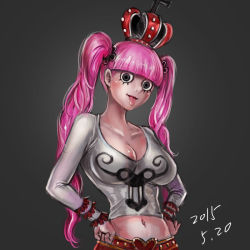 Rule 34 | 1girl, crown, long sleeves, lt, midriff, one piece, perona, pink hair, solo, twintails