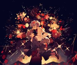 Rule 34 | 1boy, 1girl, black footwear, black skirt, braid, brown hair, carrying, carrying person, fireworks, from side, hair ornament, hand on another&#039;s shoulder, highres, kanzashi, long hair, long sleeves, looking at another, night, open mouth, outdoors, ranma 1/2, saotome ranma, shoes, short hair, siyer (siyeyeyeyer), skirt, smile, tassel, tendou akane