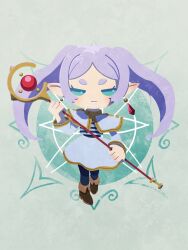 Rule 34 | 1girl, aqua eyes, black pantyhose, brown footwear, capelet, chibi, closed mouth, dangle earrings, drop earrings, earrings, elf, flat color, frieren, hashtag-only commentary, highres, holding, holding staff, jewelry, light green background, long hair, looking at viewer, mage staff, nobuo eaka2724, pantyhose, parted bangs, pointy ears, shirt, skirt, solo, sousou no frieren, staff, standing, striped clothes, striped shirt, twintails, white capelet, white hair, white shirt, white skirt, yellow trim