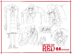 Rule 34 | 1boy, absurdres, bald, character name, character sheet, dated, full body, gordon (one piece), highres, looking at viewer, monochrome, multiple views, oda eiichirou, official art, old, old man, one piece, one piece film: red, scar, serious, short hair, simple background, smile, solo, standing, sunglasses, title