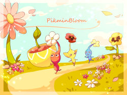 Rule 34 | black eyes, blue pikmin, blue skin, blue sky, blush stickers, cloud, colored skin, commentary request, copyright name, english text, flower, flower bed, flower pot, flower request, grass, holding, holding flower pot, holding plant, leaf, looking ahead, looking at another, nintendo, no humans, outdoors, pansy, path, petals, pikmin (creature), pikmin (series), pikmin bloom, pink flower, plant, pointy ears, pointy nose, potted plant, red flower, red pansy, red pikmin, red skin, road, shirushiki, sky, sprout, sunlight, triangle mouth, walking, waving, white flower, yellow flower, yellow pansy, yellow pikmin, yellow skin