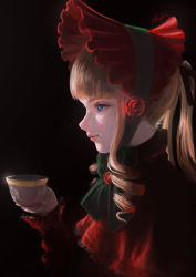 Rule 34 | 1girl, absurdres, arise (allicenogalca), black background, blonde hair, blue eyes, bonnet, closed mouth, cup, dress, drill hair, hair ribbon, highres, holding, holding cup, lips, long hair, long sleeves, profile, realistic, red dress, red headwear, ribbon, rozen maiden, shinku, sidelocks, signature, simple background, solo, teacup, upper body