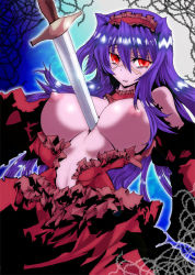 Rule 34 | 1girl, bare shoulders, breasts, breasts out, dress, female focus, hair ornament, huge breasts, injury, long hair, muntaro, nipples, open clothes, purple hair, red eyes, scar, solo, stab, sword, vampire, weapon