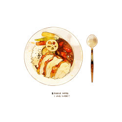 Rule 34 | commentary, curry, cyannism, english commentary, english text, food, food focus, lotus root, meat, no humans, original, plate, rice, simple background, spoon, white background