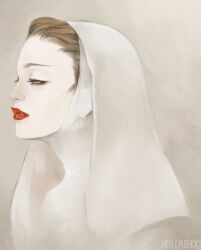 Rule 34 | 1girl, artist name, brown hair, commentary, cropped torso, english commentary, fang, fang out, grey background, half-closed eyes, highres, hollabikki, lipstick, looking to the side, makeup, mascara, original, red lips, short hair, simple background, solo, thick eyebrows, white veil