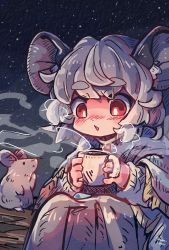Rule 34 | 1girl, animal, animal ear fluff, animal ears, blush, capelet, commentary request, cup, grey capelet, grey hair, grey skirt, highres, holding, holding cup, long sleeves, looking away, looking down, mame komari, mouse (animal), mouse ears, mug, nazrin, night, night sky, nose blush, one-hour drawing challenge, outdoors, parted lips, red eyes, shirt, short eyebrows, skirt, sky, sleeves past wrists, solo, star (sky), starry sky, steam, thick eyebrows, touhou, twitter username, white shirt