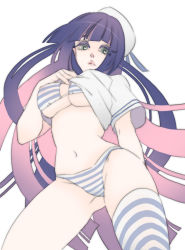 Rule 34 | 10s, 1girl, bra, breasts, cleavage, clothes lift, colored inner hair, erobi (0728), green eyes, hat, lingerie, long hair, multicolored hair, navel, panties, panty &amp; stocking with garterbelt, pink hair, purple hair, sailor hat, shirt lift, single thighhigh, solo, stocking (psg), striped bra, striped clothes, striped panties, striped thighhighs, thighhighs, underboob, underwear, very long hair