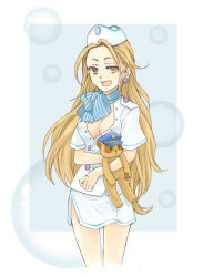 Rule 34 | 1girl, ace attorney, ace attorney investigations, amarabi (tobira), breasts, brown eyes, brown hair, buttons, cammy meele, capcom, cleavage, earrings, female focus, flight attendant, hat, jewelry, long hair, miniskirt, open mouth, pencil skirt, scarf, simple background, skirt, solo, striped clothes, striped scarf, stuffed animal, stuffed toy, travel attendant
