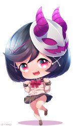Rule 34 | 1girl, :3, bare legs, bell, black hair, blush, born-to-die, bow, chibi, female focus, gal gun, gal gun double peace, hair ornament, hairclip, highres, horns, kamizono maya, leg up, loafers, long sleeves, looking at viewer, mask, mask on head, neck ribbon, no socks, open mouth, panties, pantyshot, paw pose, pleated skirt, red bow, red eyes, ribbon, school uniform, shoes, short hair, simple background, skirt, smile, solo, swept bangs, underwear, uniform, watermark, white background, white panties, wind, wind lift, x hair ornament