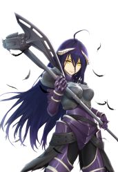 Rule 34 | 1girl, ahoge, albedo (overlord), armor, axe, black feathers, black hair, boobplate, breastplate, demon girl, demon horns, feathers, female knight, full armor, gauntlets, highres, holding, holding weapon, horns, huge weapon, knight, long hair, looking at viewer, notasuspiciousguy, overlord (maruyama), pauldrons, shoulder armor, simple background, solo, weapon, white background, yellow eyes
