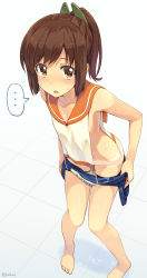 Rule 34 | ..., 10s, 1girl, amagai tarou, barefoot, blush, brown eyes, brown hair, child, highres, i-401 (kancolle), kantai collection, looking at viewer, one-piece swimsuit, open mouth, ponytail, school swimsuit, short hair, short ponytail, solo, speech bubble, swimsuit, tan, tanline, twitter username, undressing, wet