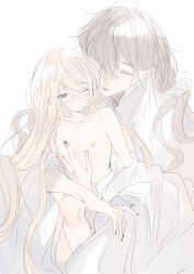 Rule 34 | 1boy, 1girl, absurdres, age difference, bishounen, black nails, blonde hair, blush, breasts, closed eyes, clothes down, couple, grey eyes, grey hair, hair between eyes, hand on another&#039;s chest, hetero, highres, hug, hug from behind, long hair, msa (fary white), nipples, one eye closed, original, robe, simple background, sketch, slit pupils, small breasts, very long hair, wavy hair, white background, white robe