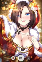 Rule 34 | 1girl, air groove (are you merry?) (umamusume), air groove (umamusume), animal ears, bad id, bad pixiv id, black choker, blue eyes, blurry, blurry background, blush, bob cut, bokeh, bow, breasts, brown hair, capelet, choker, christmas, christmas tree, cleavage, commentary, depth of field, dress, ear bow, fur-trimmed capelet, fur trim, half-closed eyes, hand on own chest, hat, highres, horse ears, horse girl, large breasts, looking at viewer, official alternate costume, open mouth, plaid, plaid dress, red capelet, red dress, red hat, ribbon choker, santa costume, santa hat, selfie, shirokuma a, short hair, smile, solo, swept bangs, translated, umamusume, upper body, viewfinder