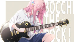 Rule 34 | 1girl, blue eyes, blue shorts, bocchi the rock!, closed mouth, clothes writing, collarbone, copyright name, cube hair ornament, electric guitar, eyes visible through hair, gotoh hitori, guitar, hair ornament, highres, holding, holding instrument, instrument, long hair, music, one side up, pink hair, playing instrument, profile, shigure (sigre), shirt, short sleeves, shorts, solo, twitter username, white shirt