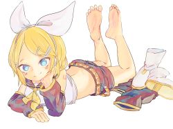 Rule 34 | 1girl, arm warmers, bare legs, barefoot, belt, blonde hair, blue eyes, blush, chaosexceed, detached sleeves, dot nose, feet, feet above head, feet up, female focus, forehead, full body, hair ornament, hair ribbon, hairband, hairclip, hand on own face, headphones, headset, kagamine rin, leg warmers, legs up, lying, lying on ground, no, number tattoo, ribbon, sailor collar, shoes, unworn shoes, short shorts, shorts, sleeveless, smile, soles, solo, tattoo, thighs, toes, vocaloid