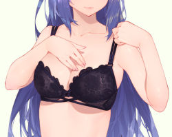Rule 34 | 1girl, adjusting bra, adjusting clothes, bare arms, bare shoulders, black bra, bra, breasts, cleavage, closed mouth, collarbone, head out of frame, highres, lace, lace-trimmed bra, lace trim, long hair, medium breasts, photoshop (medium), princess connect!, princess connect!, purple hair, rei (princess connect!), simple background, smile, solo, underwear, underwear only, upper body, very long hair, waterring, white background