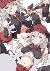Rule 34 | 1girl, alisa ilinichina amiella, bare shoulders, beret, black gloves, blue eyes, blush, breasts, cleavage, clenched teeth, covered erect nipples, disembodied limb, fingerless gloves, gloves, god eater, god eater burst, grabbing, grabbing another&#039;s breast, grey hair, hat, highres, large breasts, long hair, looking at viewer, multiple views, navel, shiseki hirame, teeth, underboob, vest