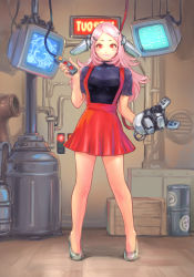 Rule 34 | 1girl, blush, cable, carina (xiaowoo), crt, hair ornament, hairclip, high heels, highres, long hair, md5 mismatch, mechanical parts, monitor, original, pink hair, red eyes, resolution mismatch, robot ears, see-through, shoes, skirt, smile, solo, source smaller, standing, suspender skirt, suspenders, turtleneck