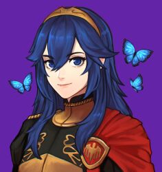 Rule 34 | 1girl, absurdres, alternate costume, blue butterfly, blue eyes, blue hair, bug, butterfly, cape, closed mouth, commentary, commission, english commentary, fire emblem, fire emblem: three houses, fire emblem awakening, garreg mach monastery uniform, hair between eyes, highres, insect, lips, long hair, looking at viewer, lucina (fire emblem), nintendo, pink lips, purple background, red cape, sethkiel, simple background, smile, solo, tiara