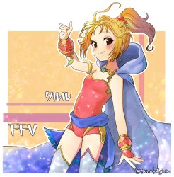 Rule 34 | 1girl, arm up, blonde hair, blue cape, blue thighhighs, blush, breasts, brown eyes, cape, character name, closed mouth, copyright name, cowboy shot, final fantasy, final fantasy v, hood, hood down, hooded cape, jumpsuit, krile mayer baldesion (ff5), legs apart, looking at viewer, outline, ponytail, red jumpsuit, short hair, small breasts, smile, solo, tanzaku kishi, thighhighs, twitter username, white outline
