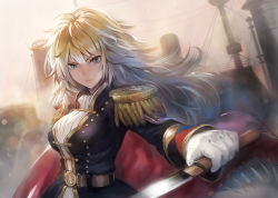 Rule 34 | 10s, 1girl, belt, blonde hair, blue eyes, breasts, cape, epaulettes, female focus, gloves, kantai collection, large breasts, long hair, looking at viewer, matsuda (matsukichi), mikasa (kancolle), military, military uniform, original, personification, solo, sword, uniform, weapon, white gloves