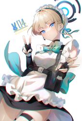 Rule 34 | 1girl, apron, blonde hair, blue archive, blue bow, blue bowtie, blue eyes, blue ribbon, bow, bowtie, braid, bun cover, chest harness, double v, earpiece, elbow gloves, fingerless gloves, frilled apron, frills, gloves, hair intakes, hair ribbon, halo, harness, highres, konatsu hare, maid headdress, multicolored hair, ribbon, simple background, solo, streaked hair, thigh strap, toki (blue archive), turtleneck, twitter username, v, white apron, white background