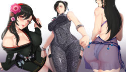 Rule 34 | absurdres, animal print, arm support, ass, asymmetrical legwear, backless dress, backless outfit, black hair, black thighhighs, bow, breasts, china dress, chinese clothes, cleavage, corsage, covered navel, double bun, dress, dress bow, final fantasy, final fantasy vii, final fantasy vii remake, flower, hair between eyes, hair bun, hair flower, hair ornament, hand fan, highres, japanese clothes, kimono, leopard print, lingerie, multiple persona, nail polish, negligee, official alternate costume, panties, parted lips, peerayuth52, see-through, see-through dress, short dress, side slit, simple background, sitting, skindentation, solo, square enix, thighhighs, thong, tifa lockhart, tifa lockhart (exotic dress), tifa lockhart (refined dress), tifa lockhart (sporty dress), underwear, uneven legwear, wall market, white panties