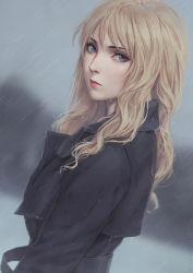 Rule 34 | 1girl, bad id, bad pixiv id, black jacket, blonde hair, blue eyes, blurry, blurry background, closed mouth, commentary request, cowboy bebop, depth of field, dutch angle, eyebrows hidden by hair, head tilt, highres, jacket, julia (cowboy bebop), lips, long hair, long sleeves, looking at viewer, looking to the side, miura-n315, nose, rain, solo, upper body, v-shaped eyebrows, wet, wet clothes, wet jacket