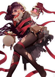 Rule 34 | 1girl, @ @, absurdres, antlers, ass, black pantyhose, blunt bangs, blush, bound, bsue, facial hair, girls&#039; frontline, gloves, hair ornament, highres, horns, jacket, long hair, long sleeves, lying, mustache, no shoes, nose blush, official alternate costume, on side, panties, panties under pantyhose, pantyhose, purple eyes, purple hair, red ribbon, reindeer antlers, ribbon, ribbon bondage, scared, simple background, solo, sweat, thighband pantyhose, torn clothes, torn pantyhose, underwear, wa2000 (date in the snow) (girls&#039; frontline), wa2000 (girls&#039; frontline), white background, white gloves