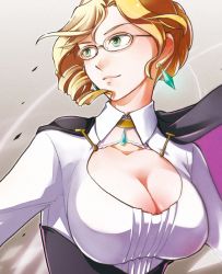 Rule 34 | 1girl, bad id, bad twitter id, blonde hair, breasts, cape, cleavage, cleavage cutout, clothing cutout, drill hair, earrings, female focus, glasses, glynda goodwitch, green eyes, jewelry, large breasts, light smile, md5 mismatch, nishiura some, resized, resolution mismatch, rwby, short hair, smile, solo, upper body, upscaled